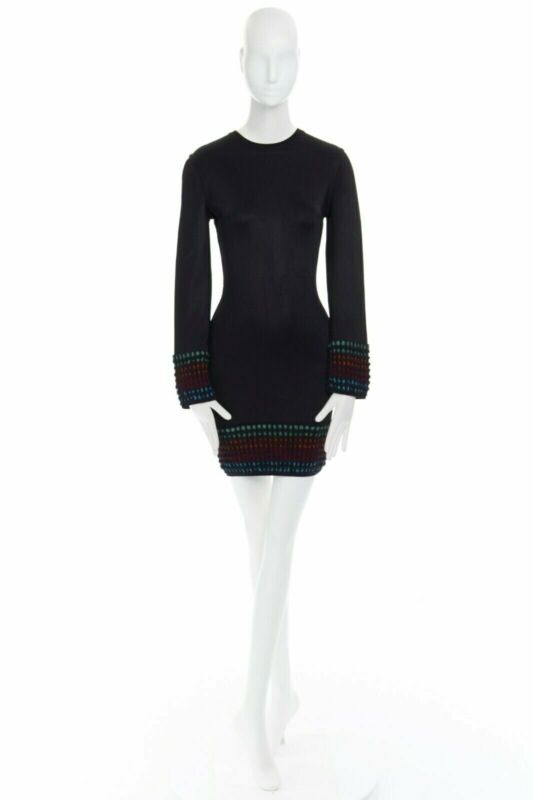 ALAIA Vintage black multicoloured crochet hem bodycon dress LBD US4 S
