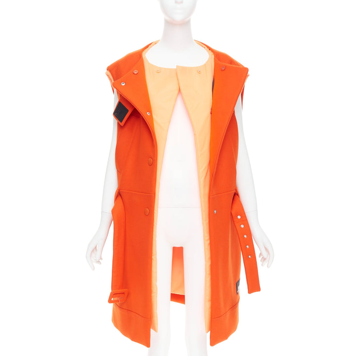 rare PRADA 2018 Runway orange virgin wool belted puffer lined long vest IT38 XS