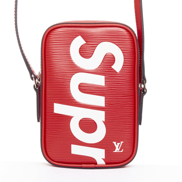 LOUIS VUITTON SUPREME 2017 Epi Danube PM red white logo leather crossbody bag