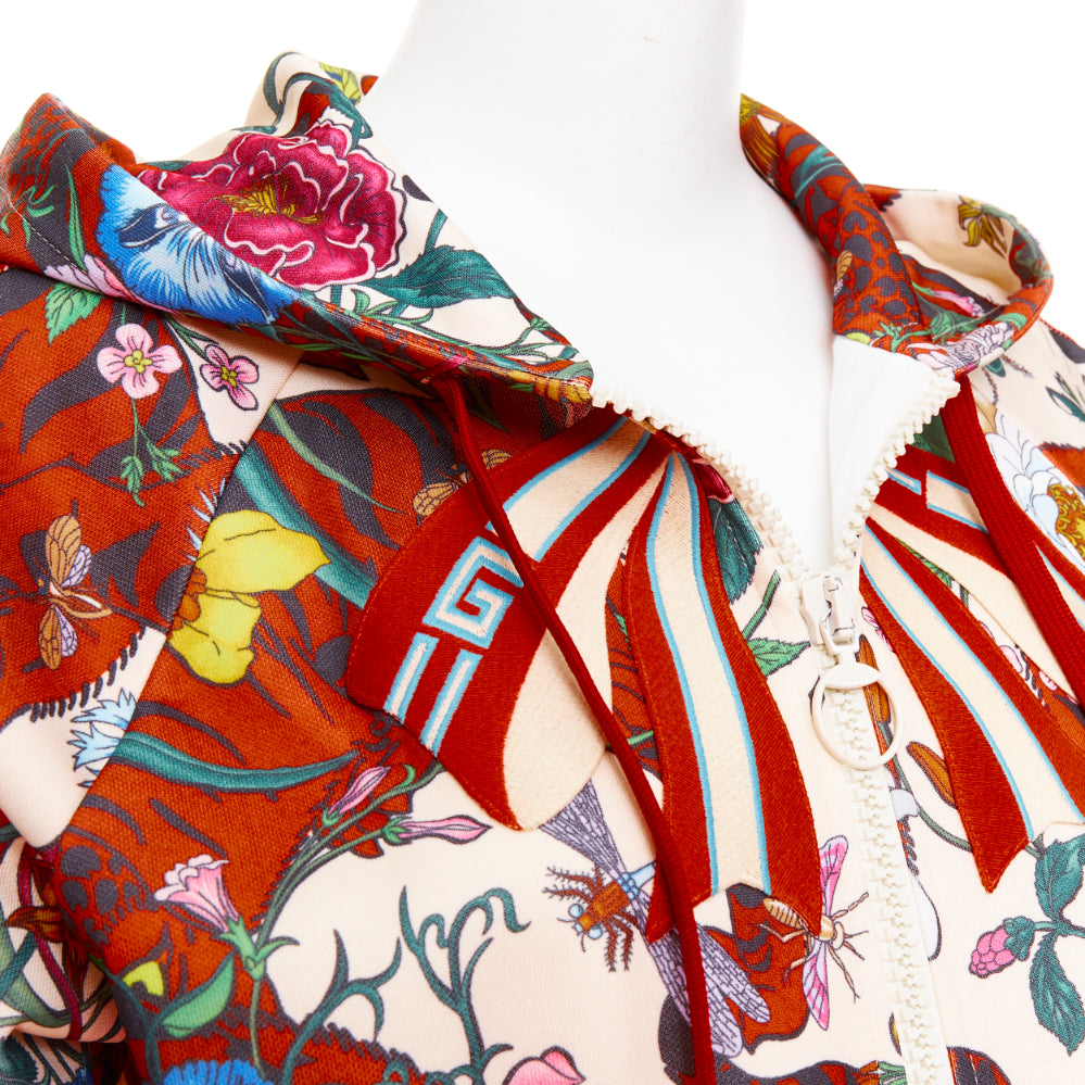 GUCCI 2018 Michele Bloom Nature Print red bow embroidery zip hoodie S
