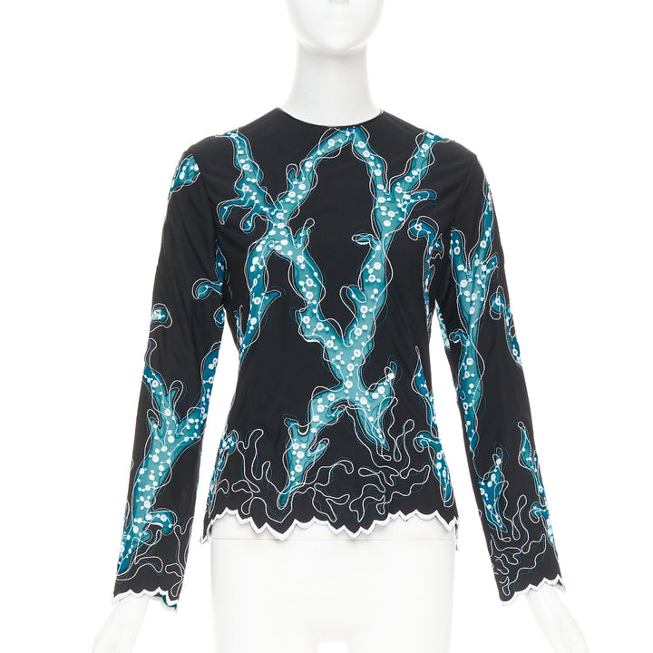 LOUIS VUITTON 2015 Runway black blue embroidered anglais scallop hem top FR38 M