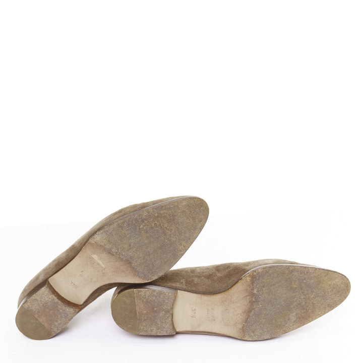 HERMES brown suede gold Kelly toggle hardware point toe ankle boots EU37.5