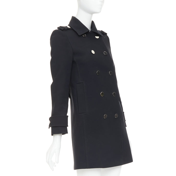 GUCCI black silver mirrored buttons double breasted military coat IT36 XXS