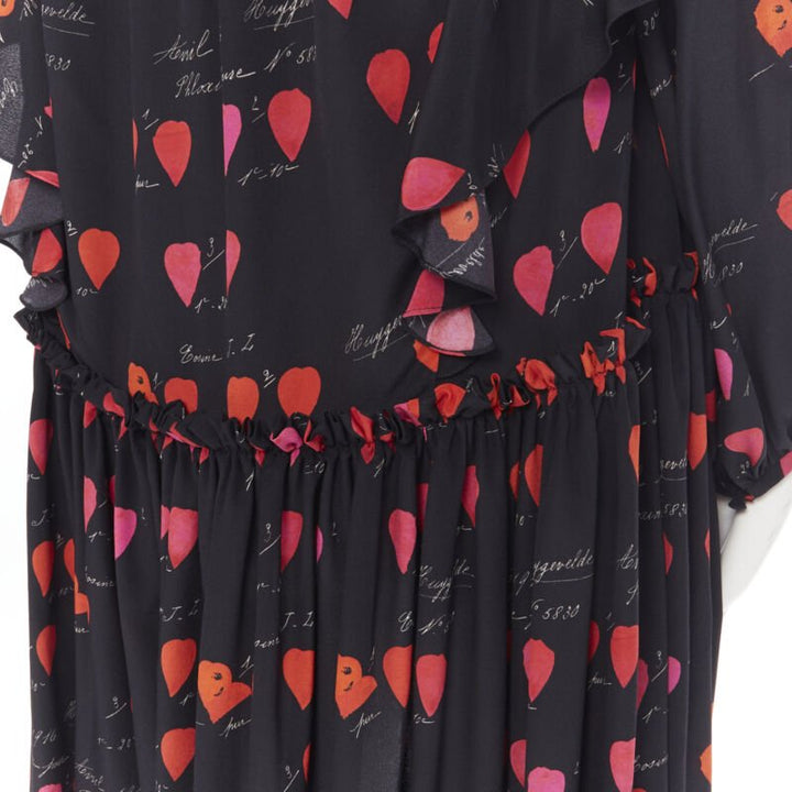 ALEXANDER MCQUEEN black red petal print silk ruffle off shoulder dress IT40