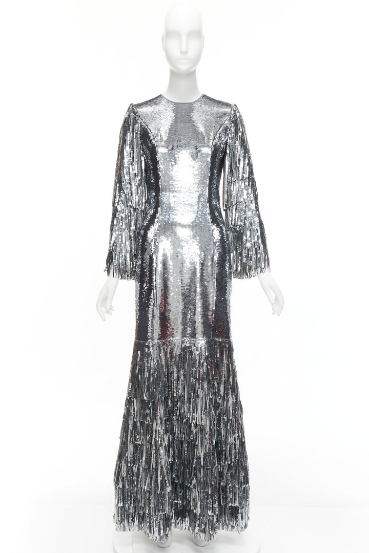 HUISHAN ZHANG silver sequins fringe detail silk lined mermaid gown dress UK6 XS