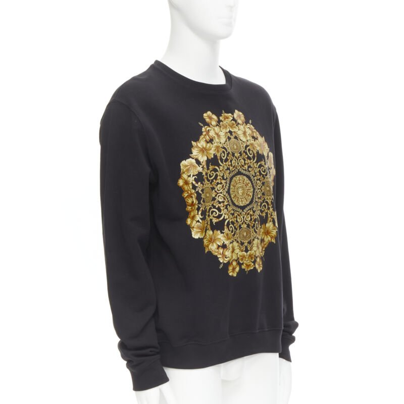 VERSACE black gold Barocco Hibiscus Medusa cotton crew sweater S