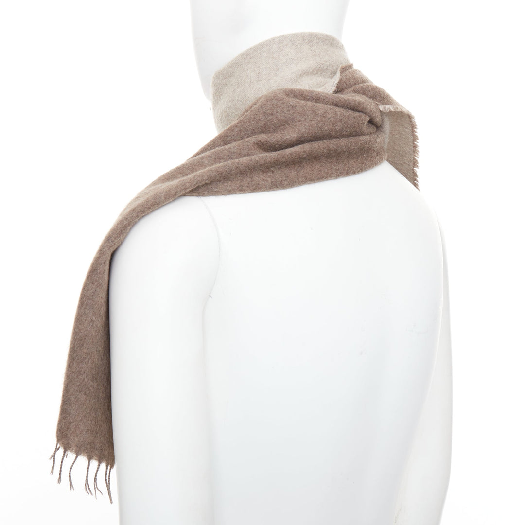 HERMES taupe brown cashmere wool reversible fringed long scarf