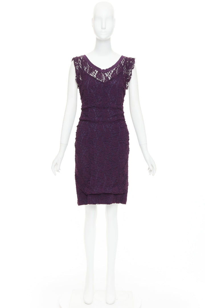 DOLCE GABBANA purple floral sheer lace overlay cocktail dress IT46 XL