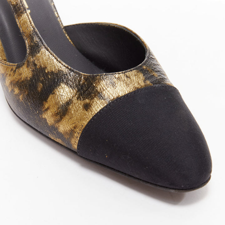 CHANEL gold black calfskinleather CC toe cap sling kitten pumps EU38