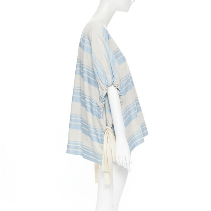 LEE MATTHEWS light grey blue striped linen cotton drawstring poncho top US0 XS