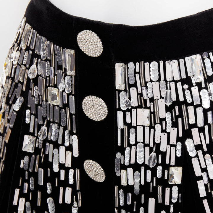 BALMAIN Embellished Skater black silver beads sequins flare mini skirt FR34 XS