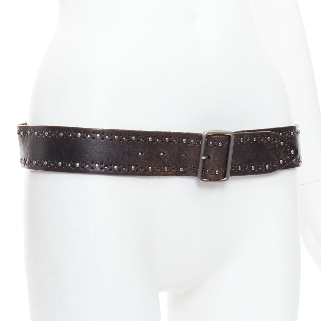 SAINT LAURENT brown leather silver studs eyelet buckle belt 85cm