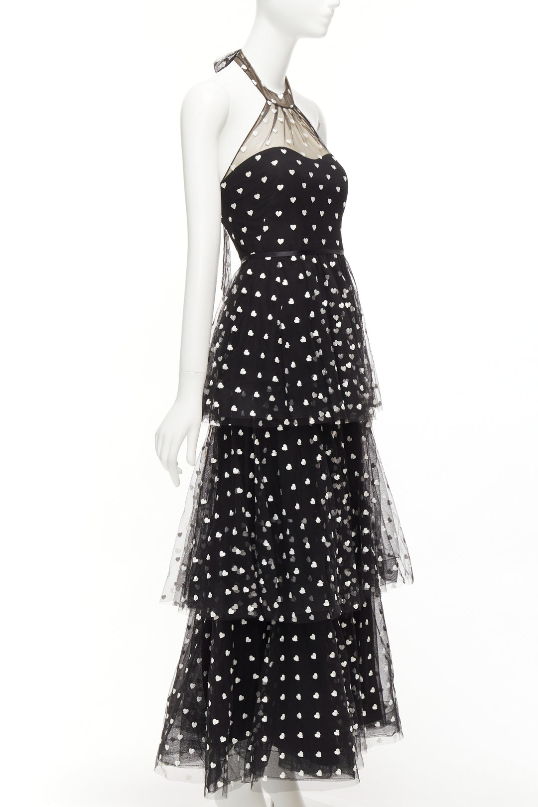 MARCHESA NOTTE black mesh white heart embroidered halter neck tiered gown US0 XS
