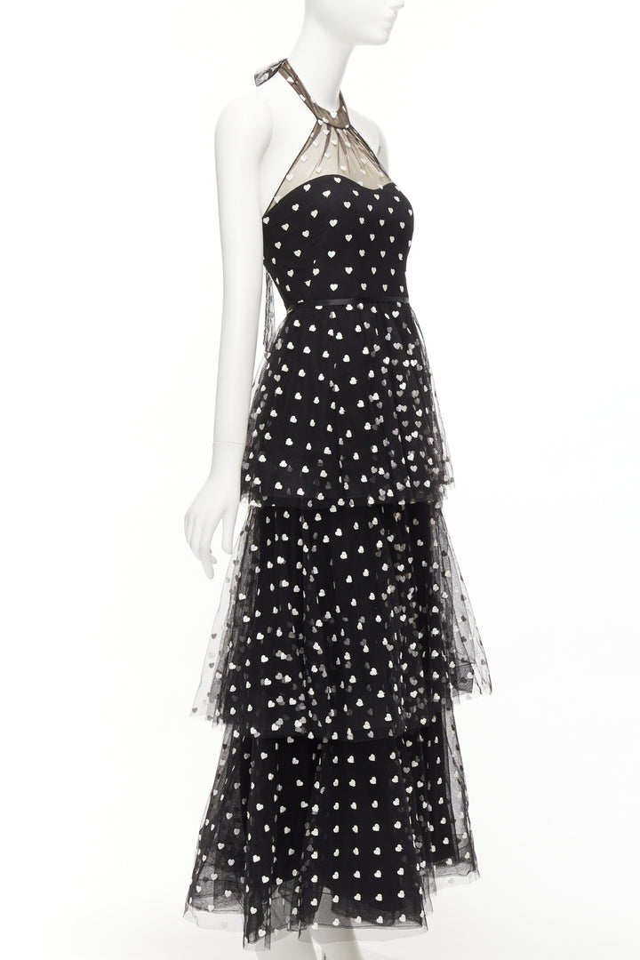 MARCHESA NOTTE black mesh white heart embroidered halter neck tiered gown US0 XS