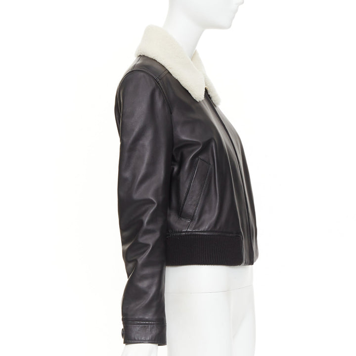 LANVIN 2021 black lambskin leather shearling collar crop aviator bomber FR38 M