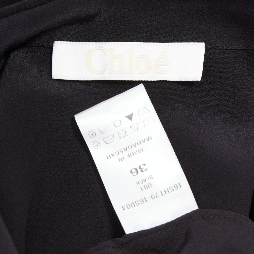 CHLOE 100% silk black ruffle trim lace up bohemian blouse shirt FR36 S