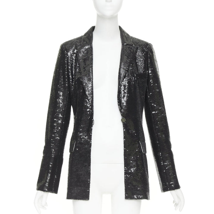 CHANEL 09C Runway Miami black sequin notched collar tailored blazer FR40 L