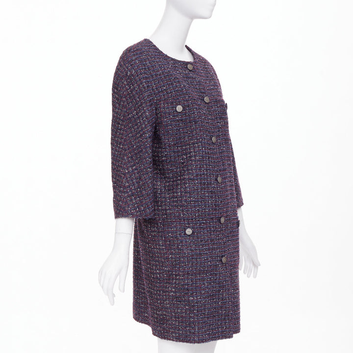CHANEL 2014 purple metallic CC button four pocket collarless tweed coat FR44