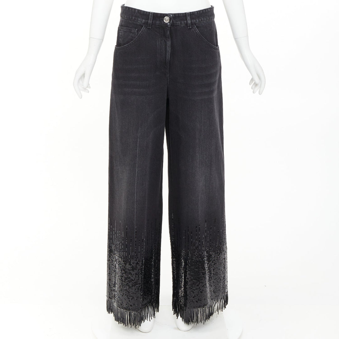 CHANEL 2025 Runway black washed denim sequin fringe wide leg jeans FR40 L