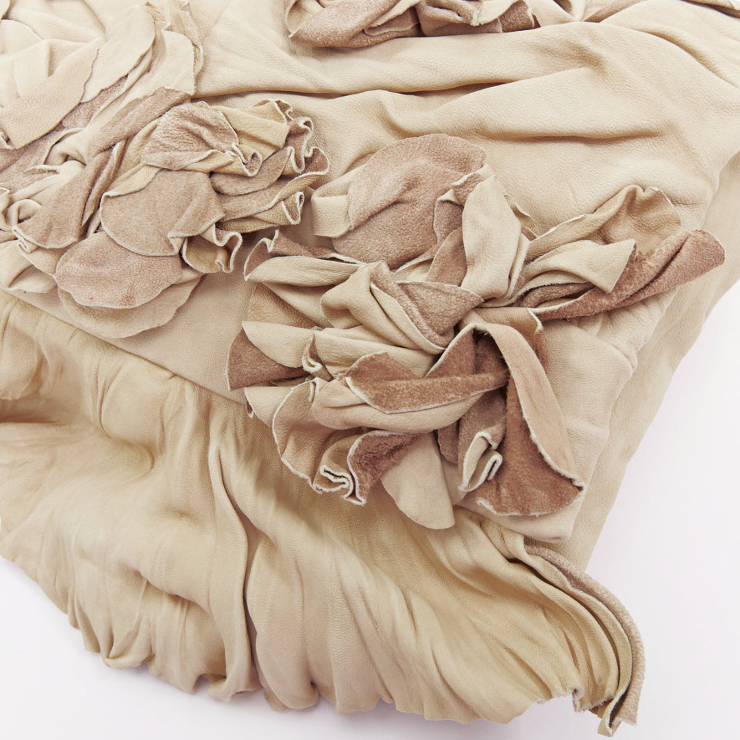 VALENTINO taupe leather crinkled petal rose applique flap crossbody bag