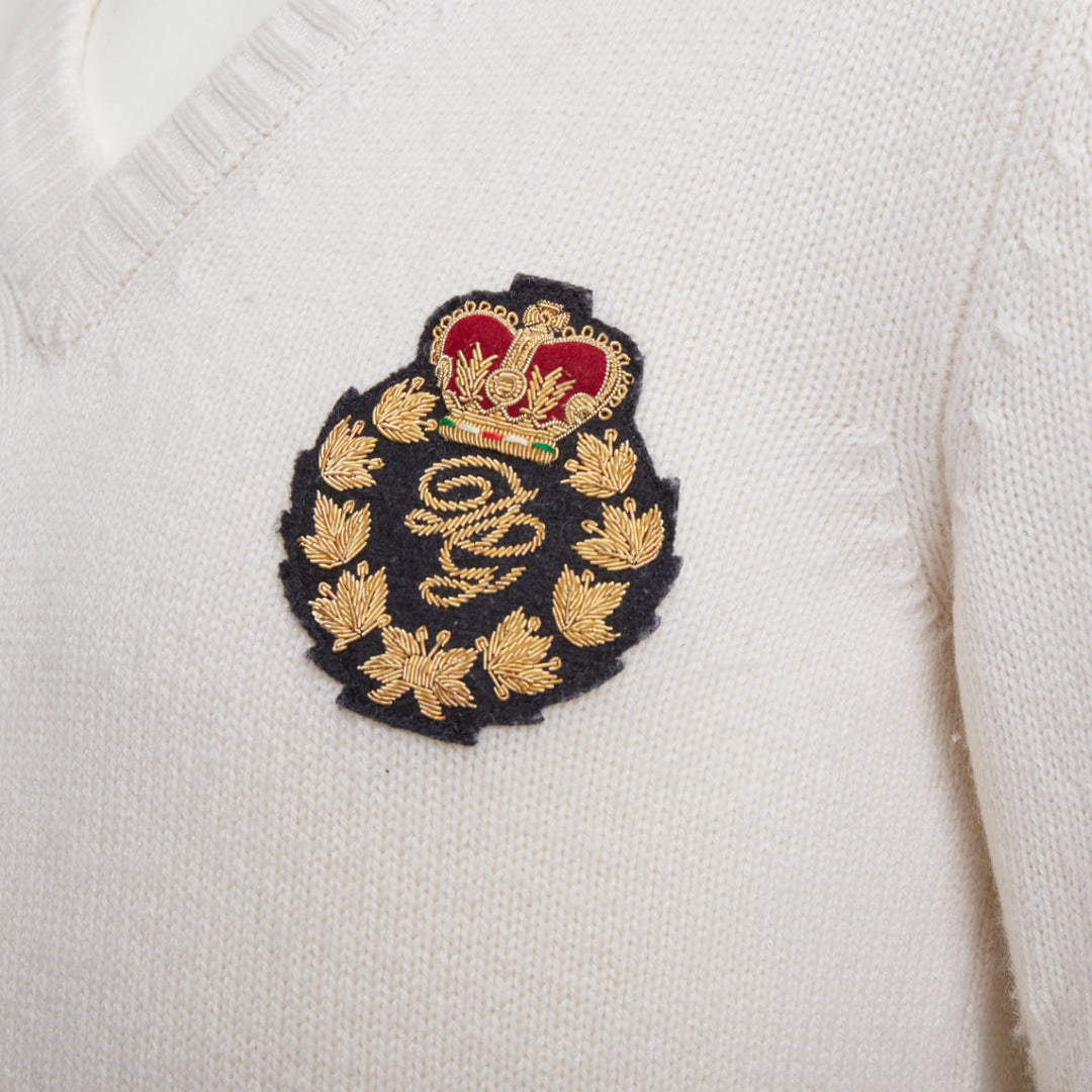 DOLCE GABBANA cream cashmere gold varsity badge v-neck sweater IT46 S