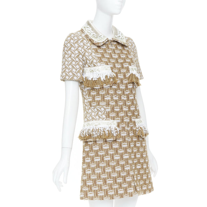 LOUIS VUITTON 2013 tan boucle tweed sequin fringe collar zip front dress FR40 L
