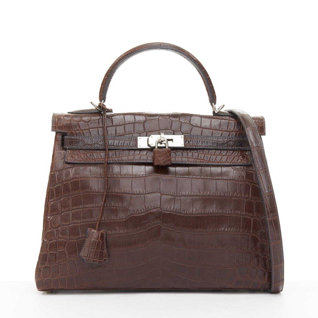 HERMES 2002 Kelly 32 Sellier matte Ebene Niloticus PHW brown handbag
