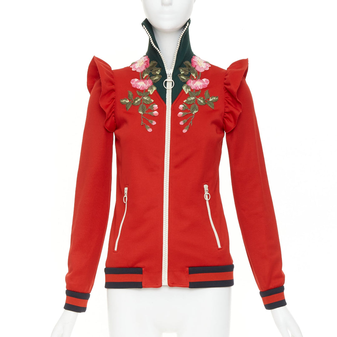 GUCCI 2017 red pink flower embroidery applique web ruffle zip track jacket XS