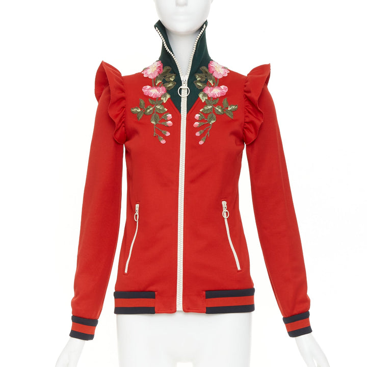 GUCCI 2017 red pink flower embroidery applique web ruffle zip track jacket XS