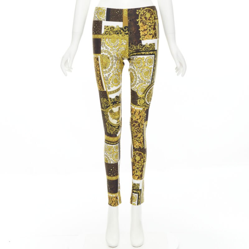 VERSACE Mosaic Barocco black brown scaled leather stretchy leggings IT42 M