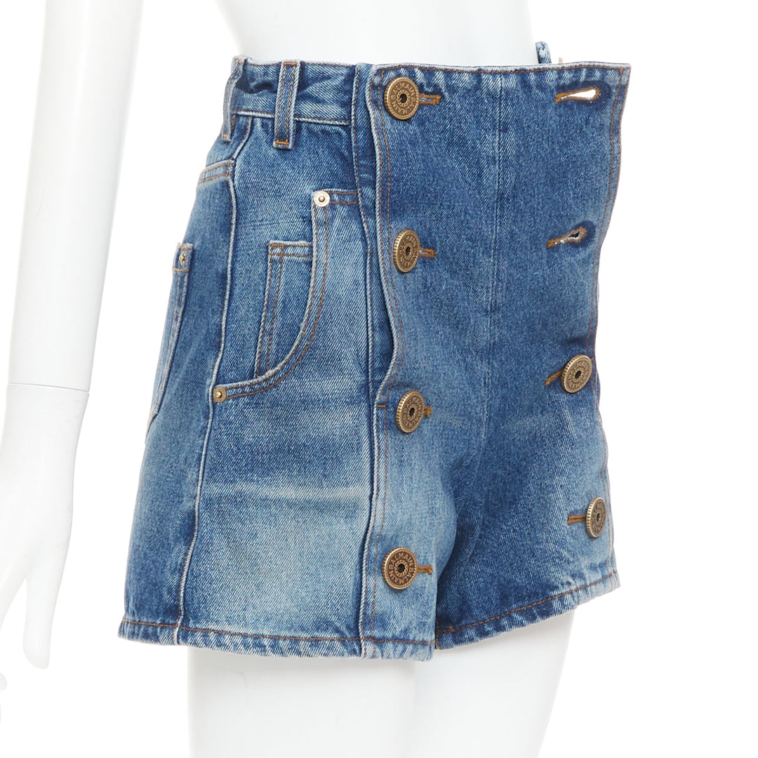 BALMAIN blue washed bronze logo buttons high waisted denim shorts FR34 XS