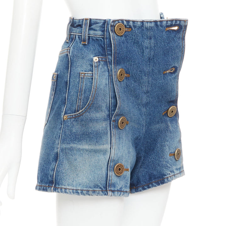 BALMAIN blue washed bronze logo buttons high waisted denim shorts FR34 XS