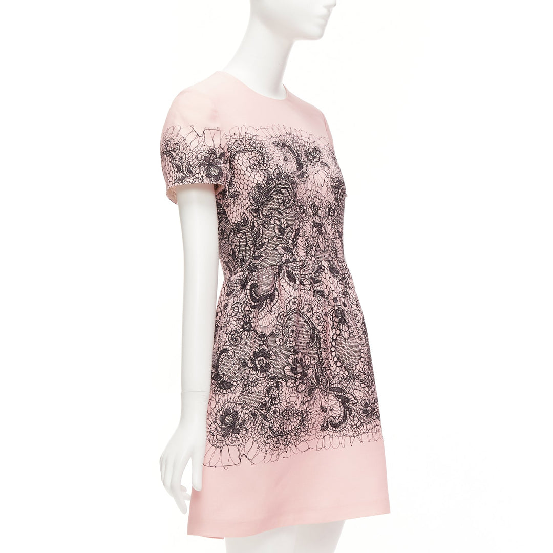 VALENTINO pink virgin wool silk black scribble lace tromp loeil dress IT40 S