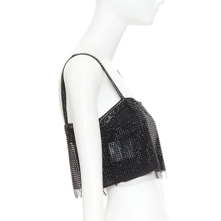 PRADA 2021 black crystal rhinestone mesh space spaghetti strap crop top IT38 XS
