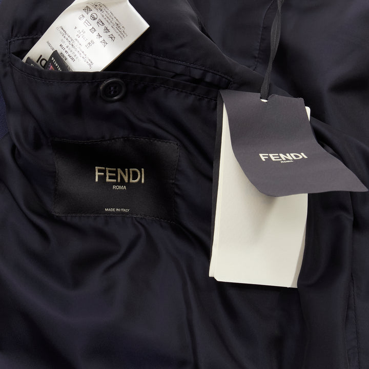 Male mannequin wearing Fendi by Kim Jones 2019 Runway Navy Polyester Men Blazers in Size EU48 | Available at JHROP