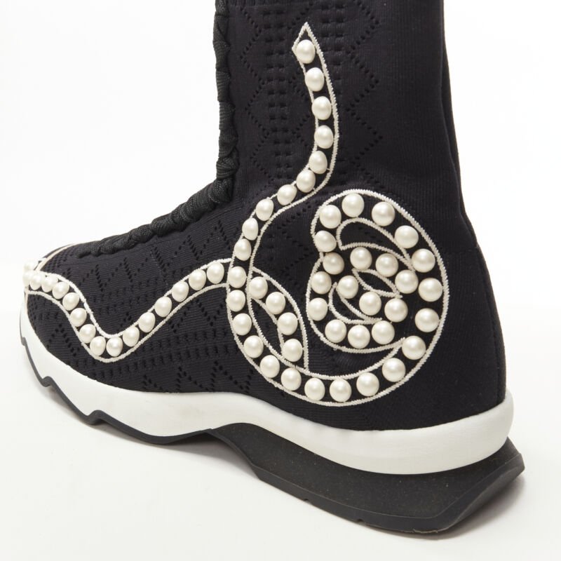 FENDI Rockoko black pearl embellished black sock knit high top sneaker EU36