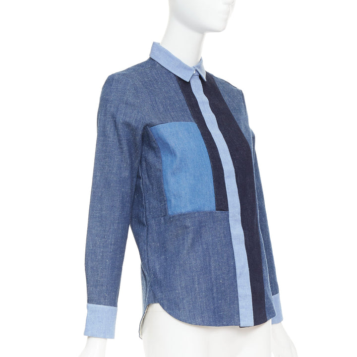 OLD CELINE Phoebe Philo 2011 Runway blue patchwork denim button-up shirt FR36 S