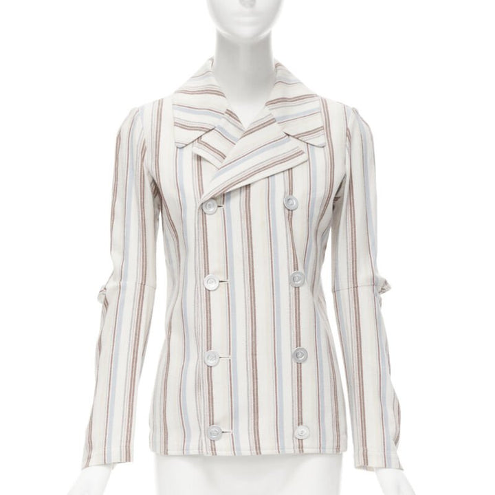 JUNYA WATANABE 1995 beige stripe cotton cut out sleeve double breasted jacket S