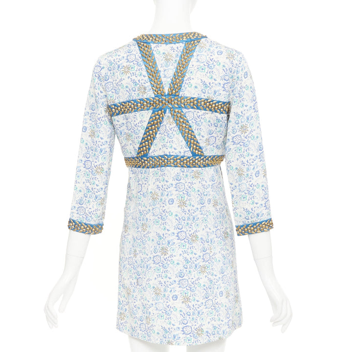 CHLOE Vintage blue cream gold studded floral harness detail open neck mini dress