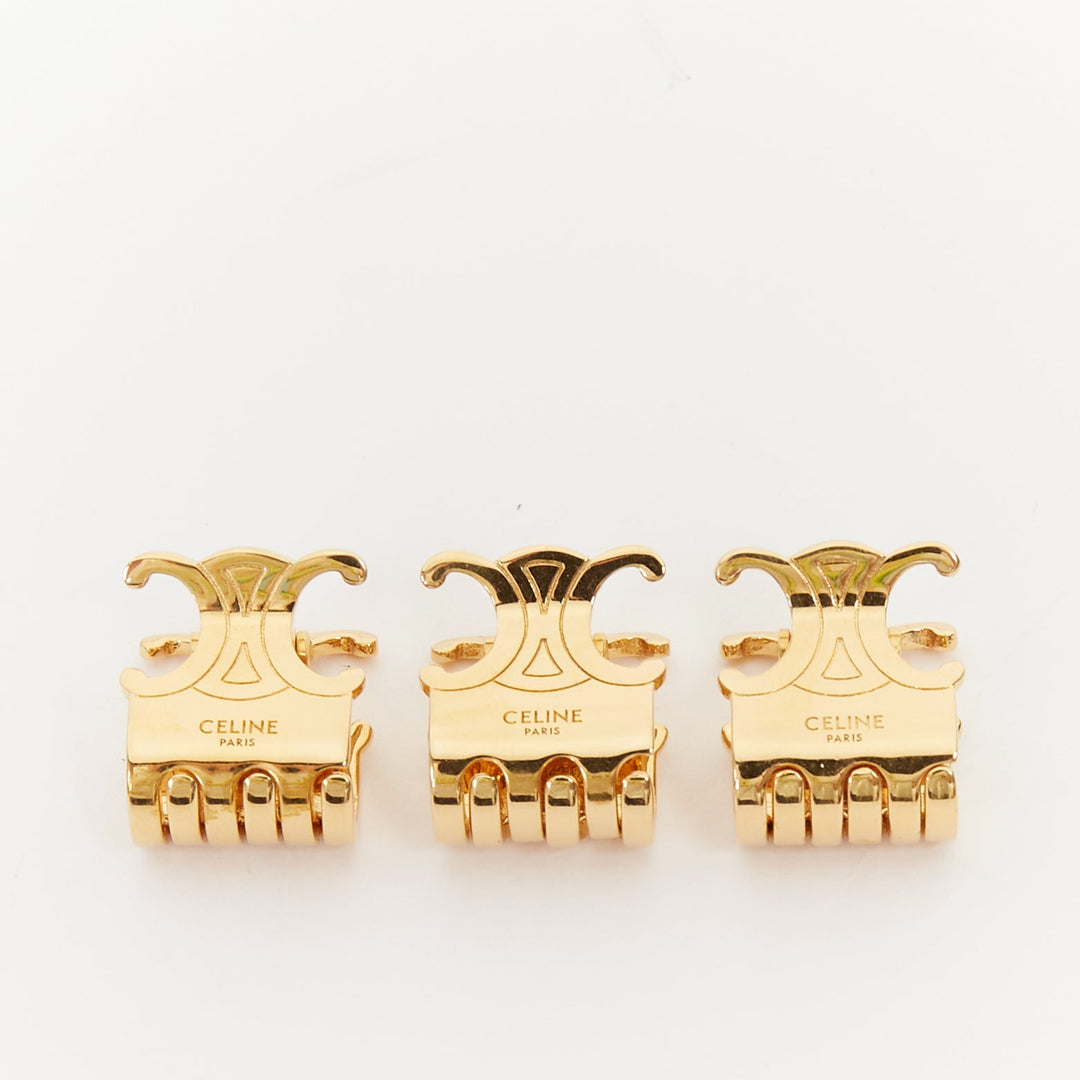 CELINE Triomphe Trios gold tone metal logo insignia hair claws clips Set of 3