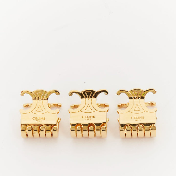 CELINE Triomphe Trios gold tone metal logo insignia hair claws clips Set of 3