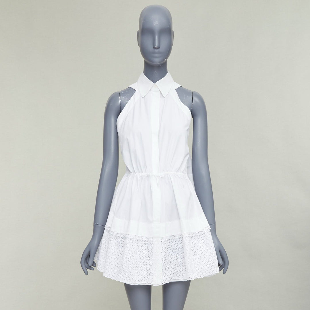 ALAIA white cotton floral eyelet drawstring tie waist tiered shirt dress FR36 S