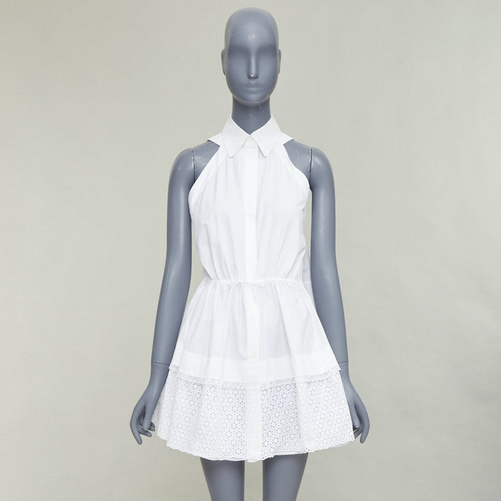 ALAIA white cotton floral eyelet drawstring tie waist tiered shirt dress FR36 S