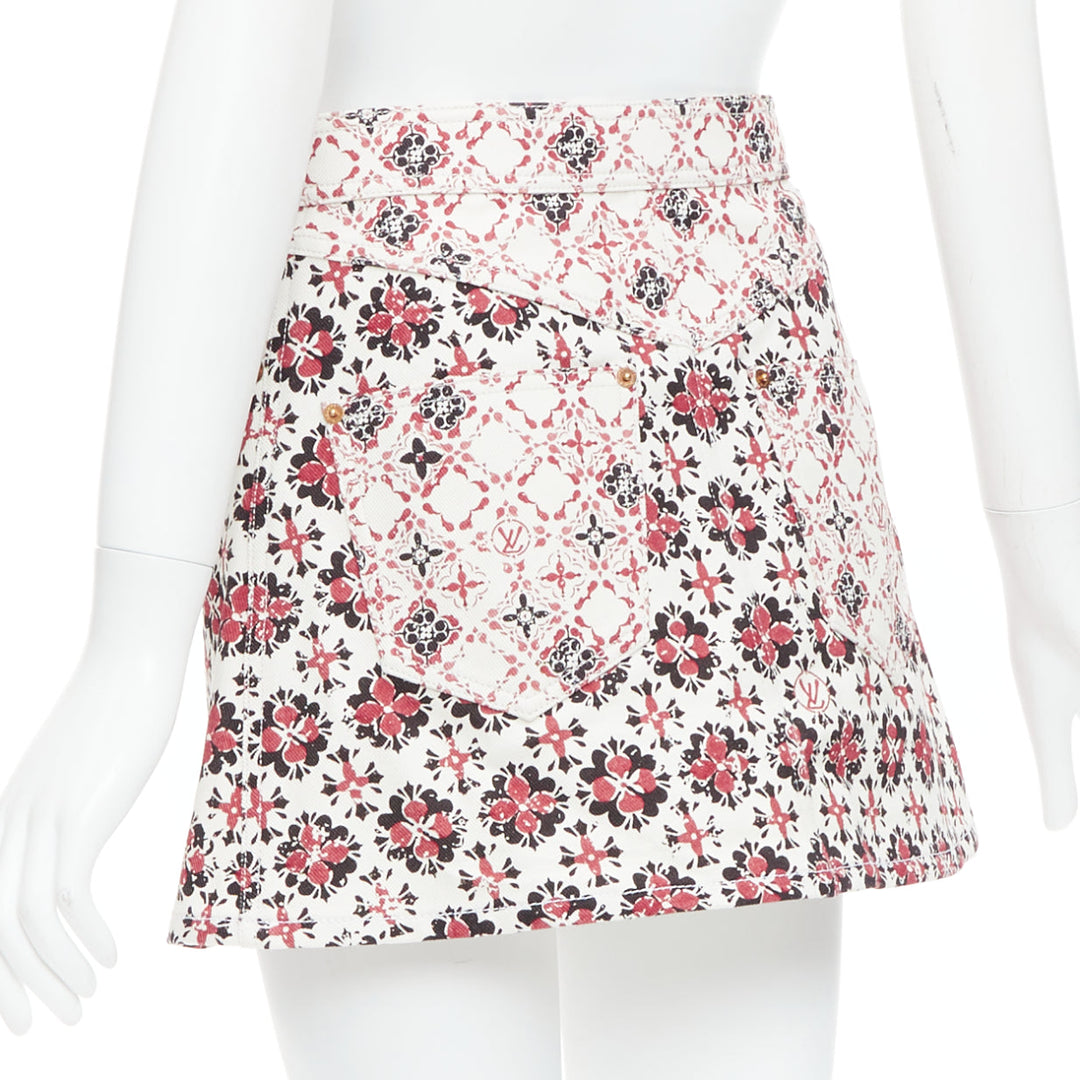 LOUIS VUITTON 2023 Vintage Monogram red cream floral denim zip skirt FR34 XS