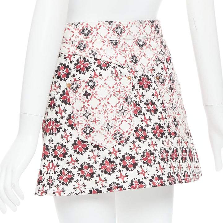 LOUIS VUITTON 2023 Vintage Monogram red cream floral denim zip skirt FR34 XS