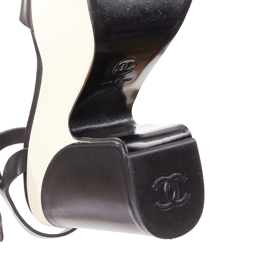 CHANEL 2012 black cream bicolor calfskin silver CC wedge platform heels EU37.5