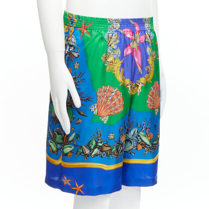 VERSACE 2021 Tresor De La Mer blue seashell print 100% silk shorts IT48 M