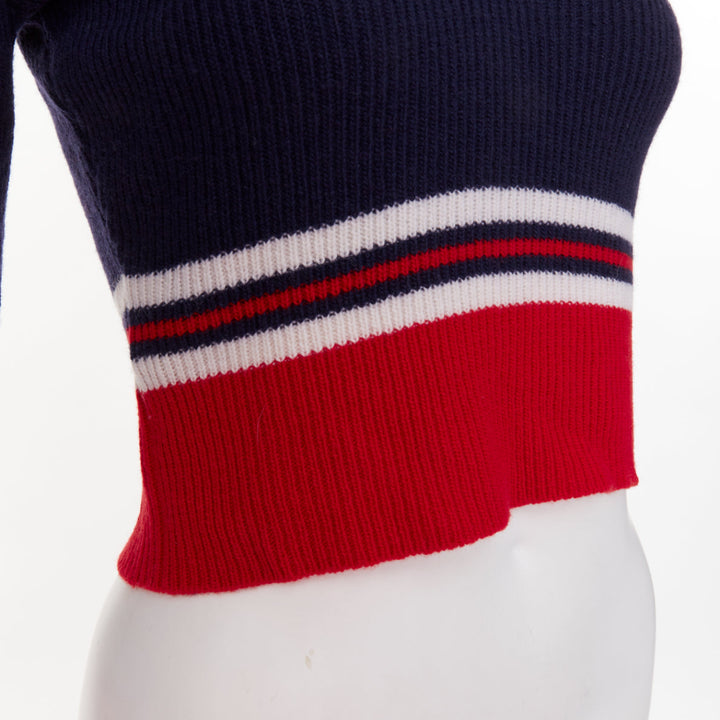 GUCCI 2017 Runway navy red ruffled shoulder cropped V-neck striped sweater XS