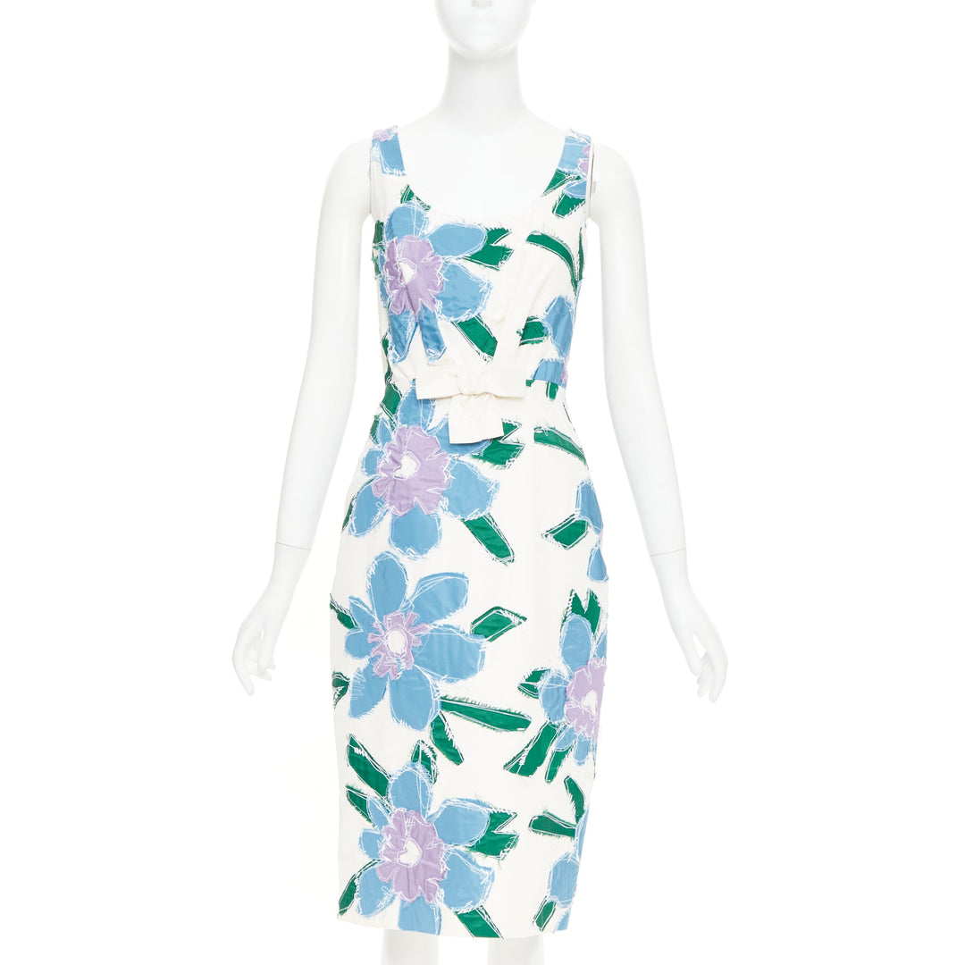 PRADA 2016 cream blue green silk overstitch patchwork floral bow dress IT38 XS
