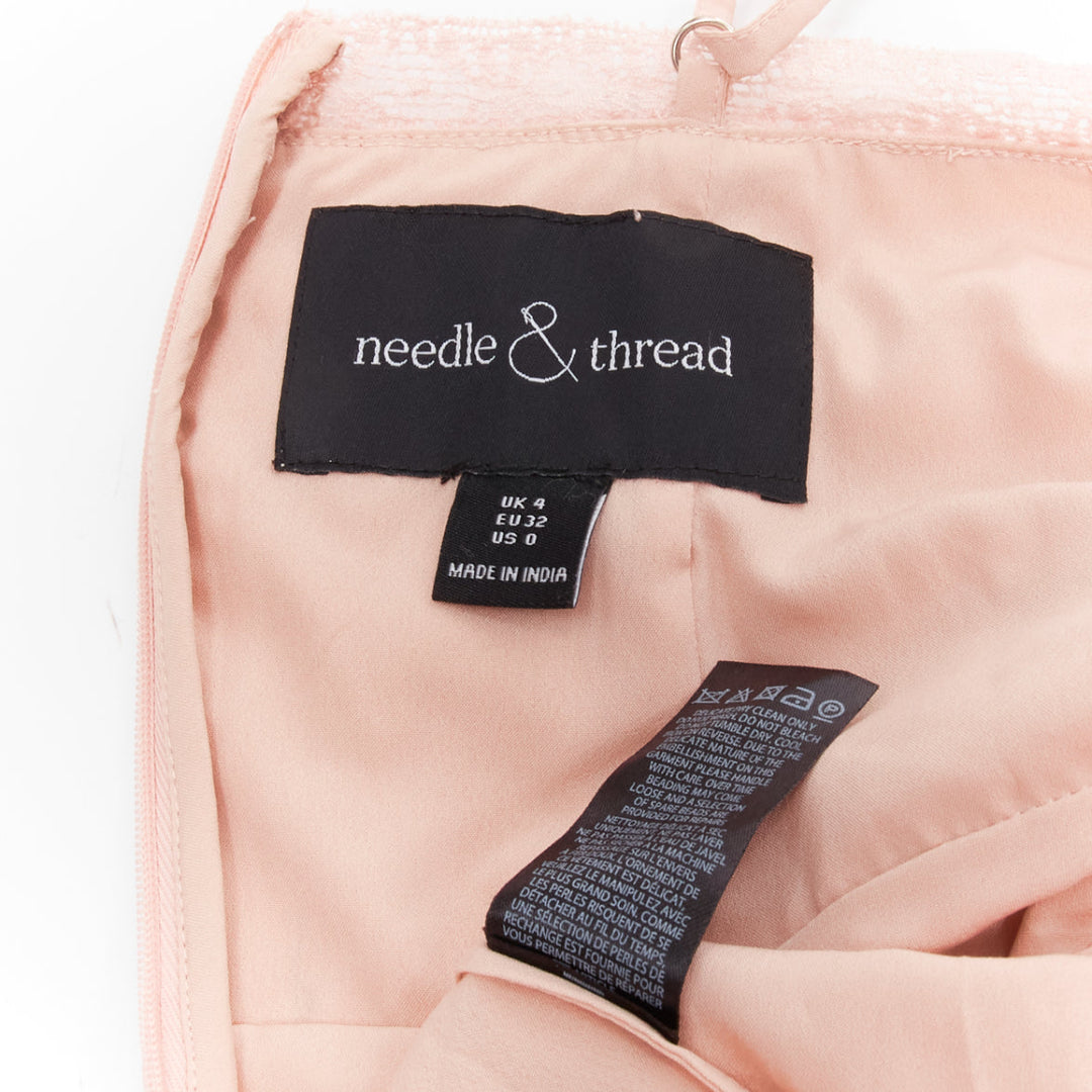 NEEDLE & THREAD pink cream beaded embroidery embellished chiffon dress UK4 XXS